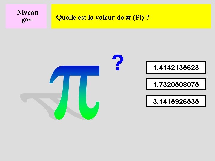 Niveau 6ème Quelle est la valeur de π (Pi) ? ? 1, 4142135623 1,