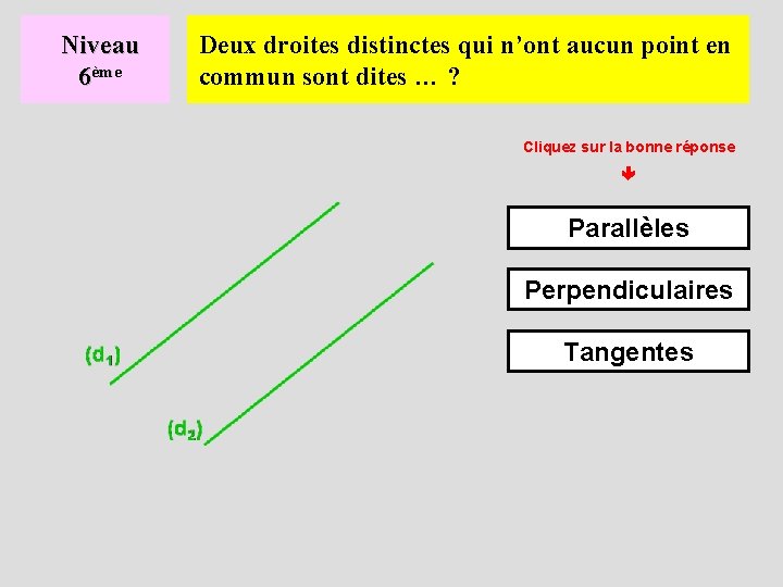 Niveau 6ème Deux droites distinctes qui n’ont aucun point en commun sont dites …