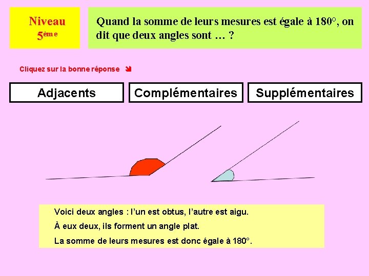 Niveau 5ème Quand la somme de leurs mesures est égale à 180°, on dit