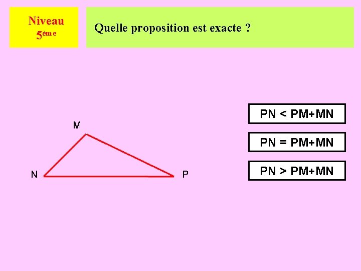 Niveau 5ème Quelle proposition est exacte ? PN < PM+MN PN = PM+MN PN