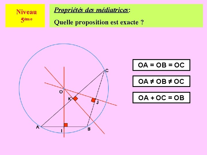 Niveau 5ème Propriétés des médiatrices: Quelle proposition est exacte ? OA = OB =