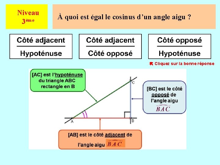 Niveau 3ème À quoi est égal le cosinus d’un angle aigu ? Cliquez sur