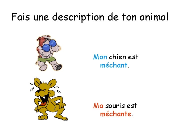 Fais une description de ton animal Mon chien est méchant. Ma souris est méchante.