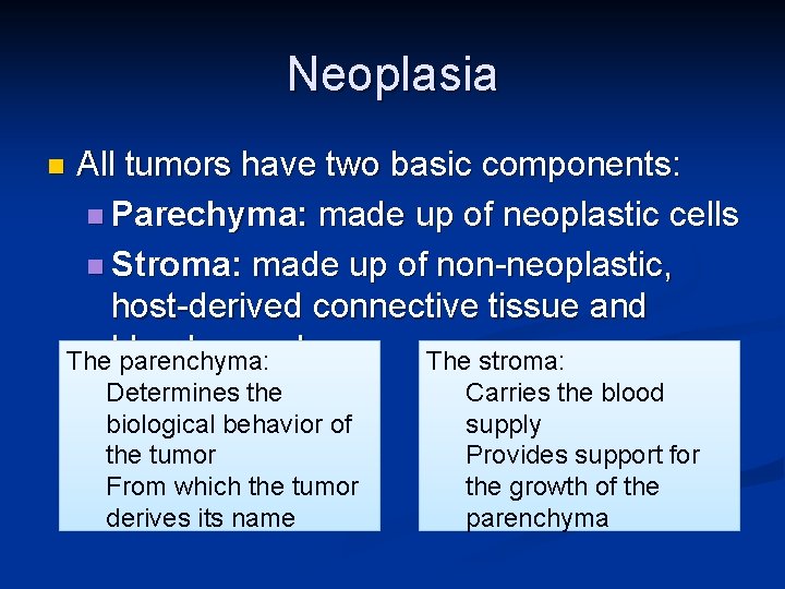 Neoplasia n All tumors have two basic components: n Parechyma: made up of neoplastic