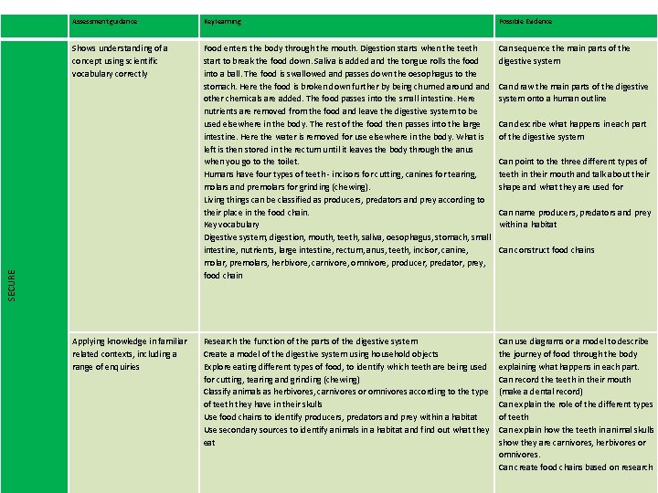 Key learning Possible Evidence Shows understanding of a concept using scientific vocabulary correctly Food