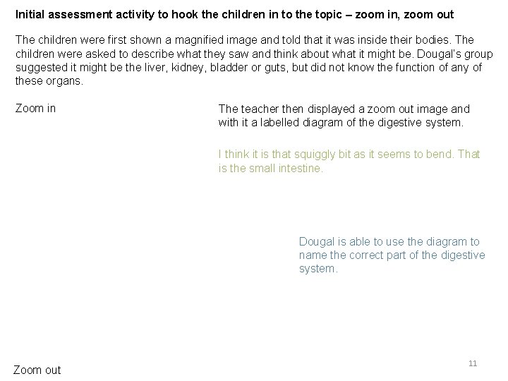 Initial assessment activity to hook the children in to the topic – zoom in,