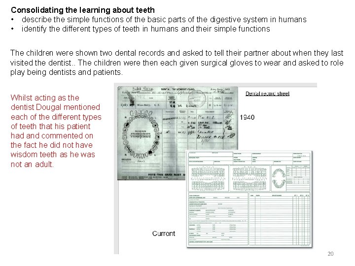 Consolidating the learning about teeth • describe the simple functions of the basic parts