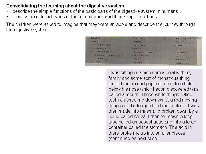 Consolidating the learning about the digestive system • describe the simple functions of the