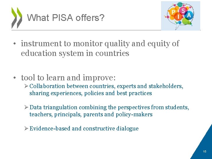 What PISA offers? • instrument to monitor quality and equity of education system in