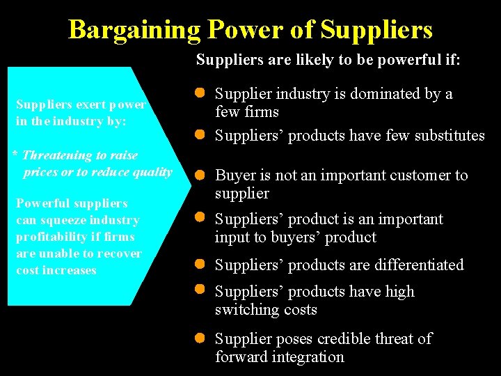 Bargaining Power of Suppliers are likely to be powerful if: Suppliers exert power in