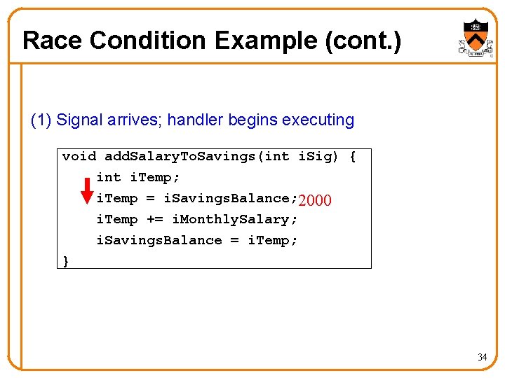 Race Condition Example (cont. ) (1) Signal arrives; handler begins executing void add. Salary.