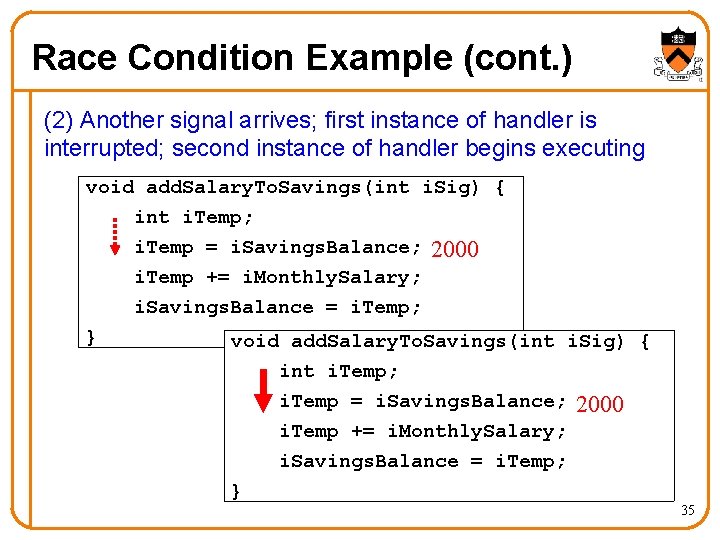 Race Condition Example (cont. ) (2) Another signal arrives; first instance of handler is