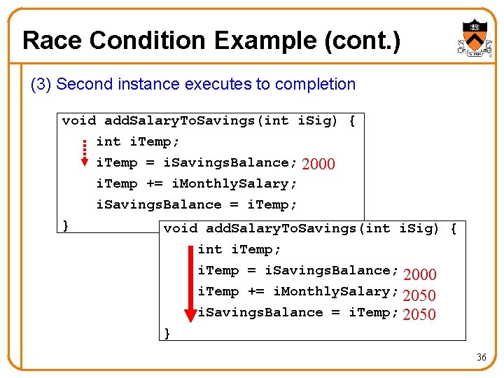 Race Condition Example (cont. ) (3) Second instance executes to completion void add. Salary.