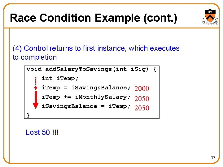 Race Condition Example (cont. ) (4) Control returns to first instance, which executes to