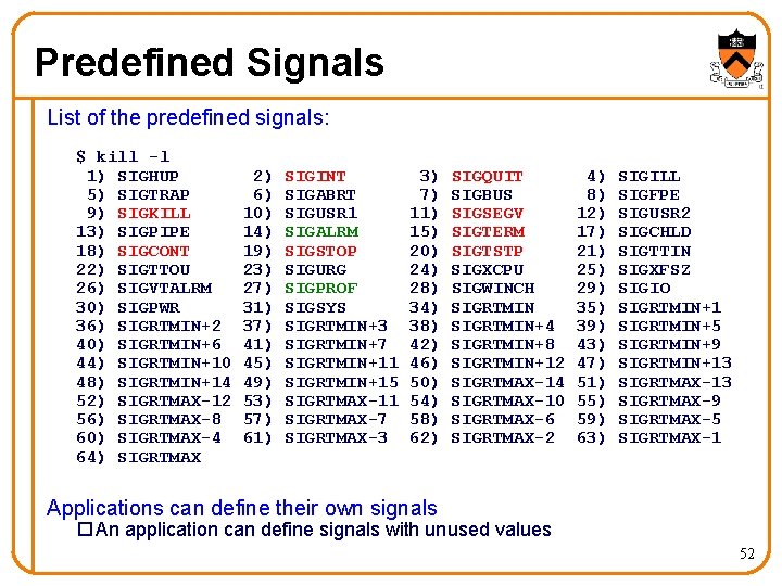 Predefined Signals List of the predefined signals: $ kill -l 1) SIGHUP 5) SIGTRAP