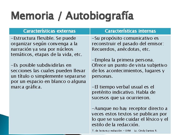 Memoria / Autobiografía Características externas -Estructura flexible. Se puede organizar según convenga a la