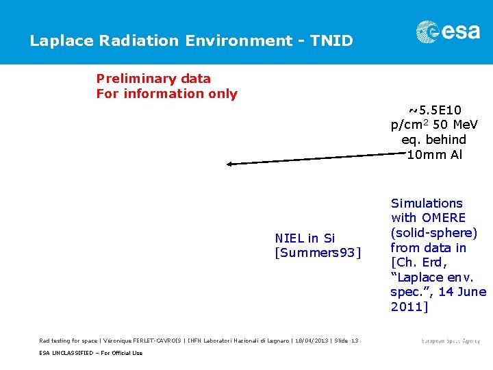 Laplace Radiation Environment - TNID Preliminary data For information only ~5. 5 E 10
