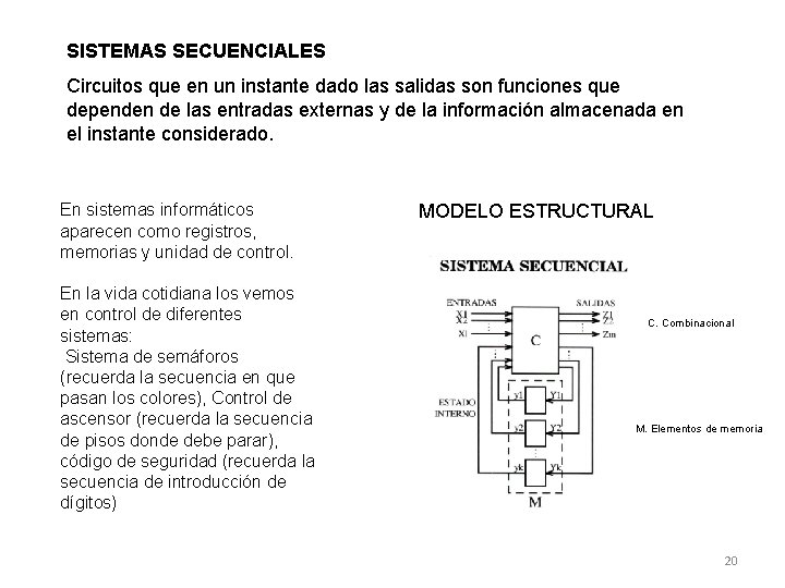 SISTEMAS SECUENCIALES Circuitos que en un instante dado las salidas son funciones que dependen