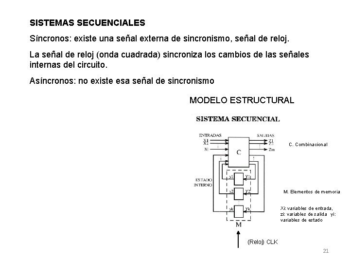SISTEMAS SECUENCIALES Síncronos: existe una señal externa de sincronismo, señal de reloj. La señal