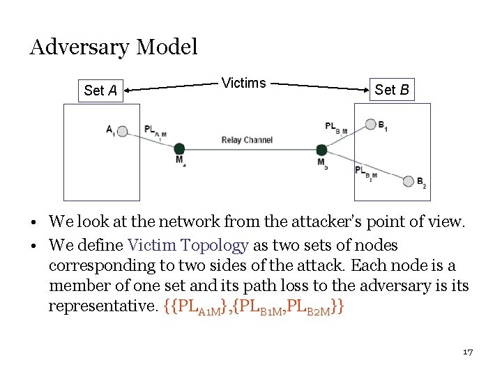 Adversary Model Set A Victims Set B • We look at the network from