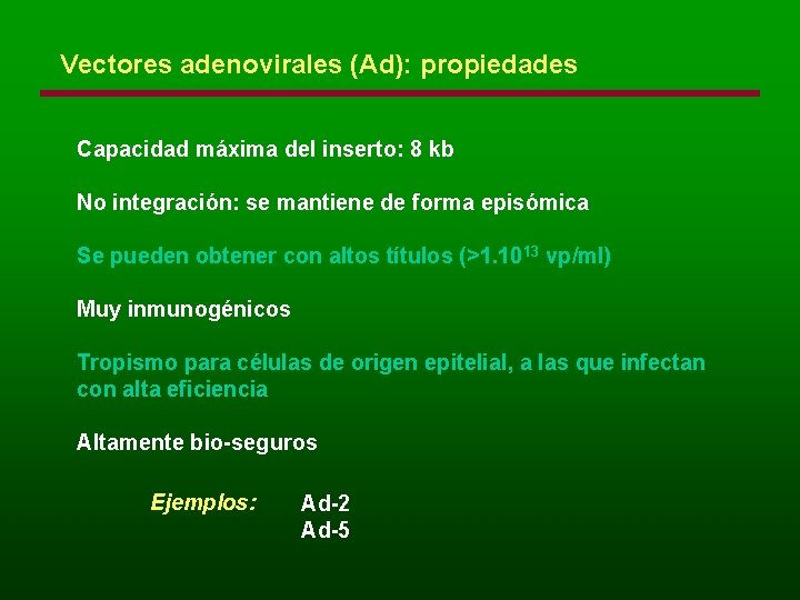 Vectores adenovirales (Ad): propiedades Capacidad máxima del inserto: 8 kb No integración: se mantiene