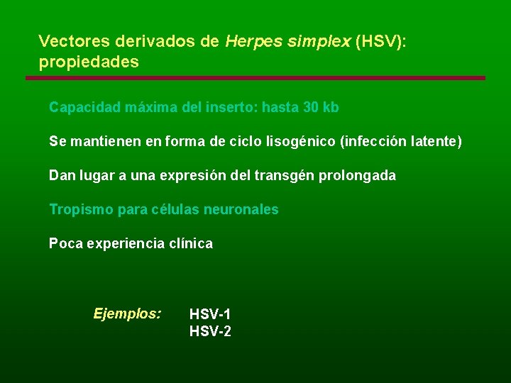 Vectores derivados de Herpes simplex (HSV): propiedades Capacidad máxima del inserto: hasta 30 kb