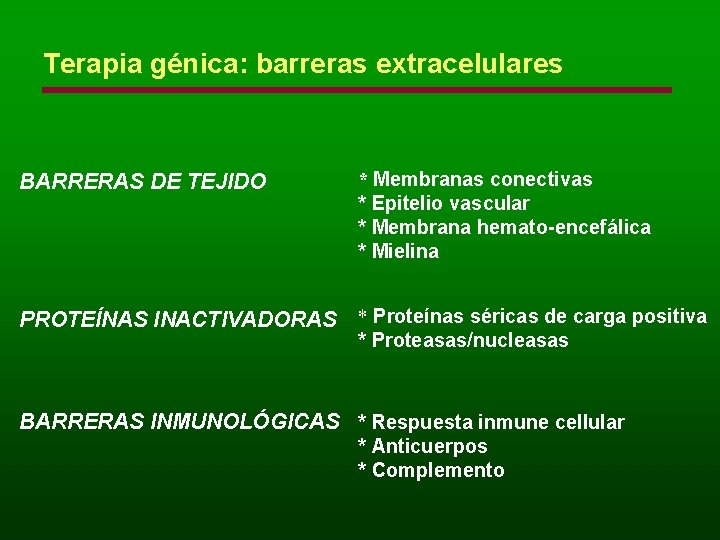 Terapia génica: barreras extracelulares BARRERAS DE TEJIDO * Membranas conectivas * Epitelio vascular *