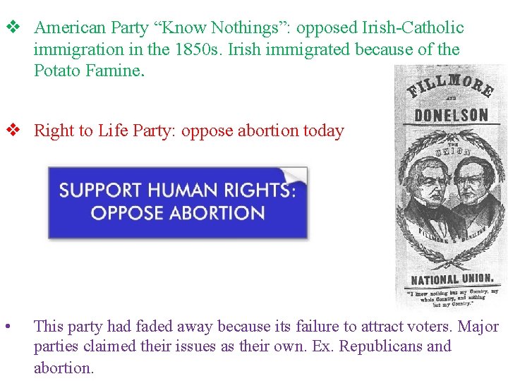 v American Party “Know Nothings”: opposed Irish-Catholic immigration in the 1850 s. Irish immigrated