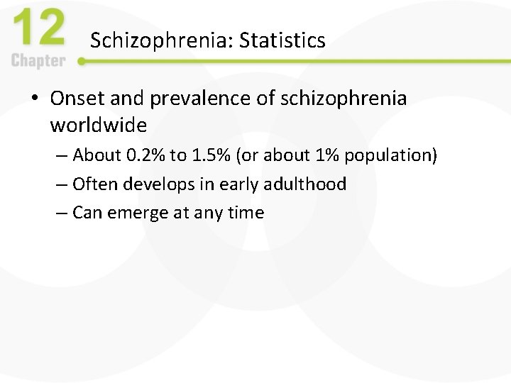 Schizophrenia: Statistics • Onset and prevalence of schizophrenia worldwide – About 0. 2% to