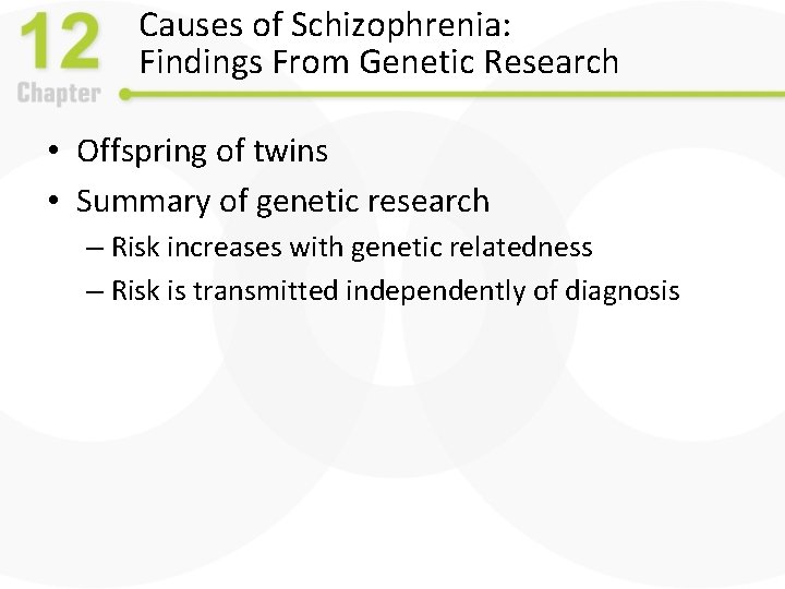 Causes of Schizophrenia: Findings From Genetic Research • Offspring of twins • Summary of