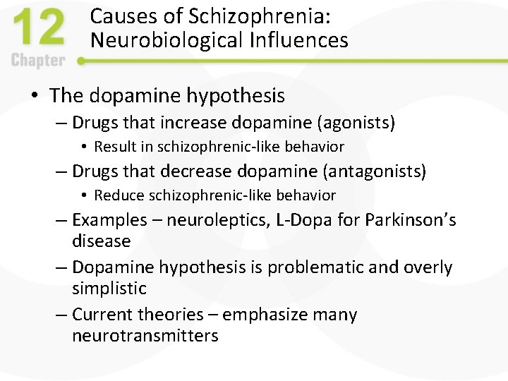 Causes of Schizophrenia: Neurobiological Influences • The dopamine hypothesis – Drugs that increase dopamine