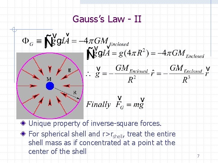 Gauss’s Law - II Unique property of inverse-square forces. For spherical shell and r>rshell,