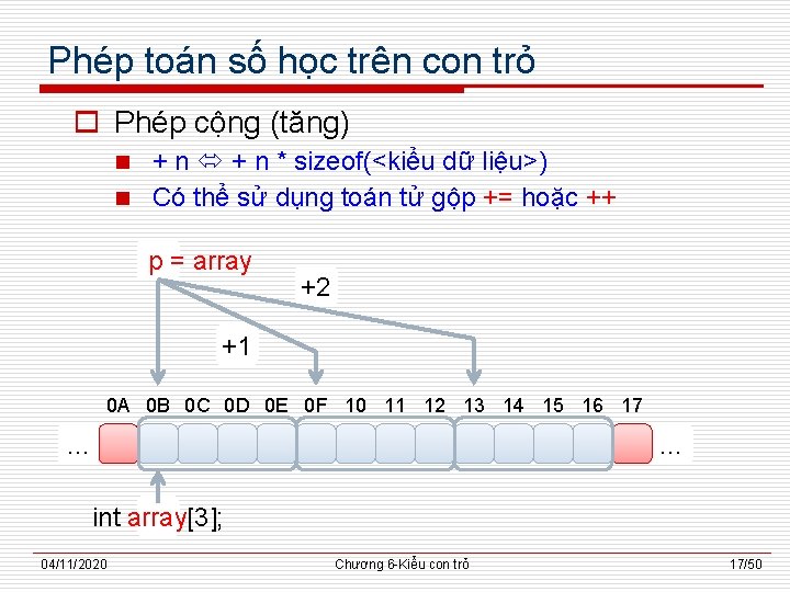 Phép toán số học trên con trỏ o Phép cộng (tăng) + n *