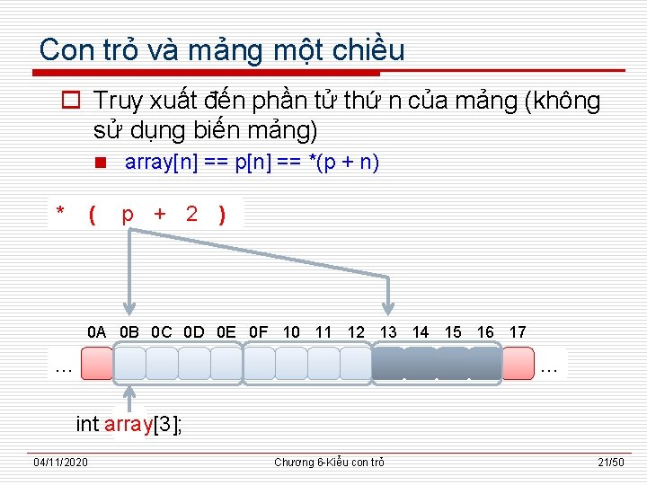 Con trỏ và mảng một chiều o Truy xuất đến phần tử thứ n