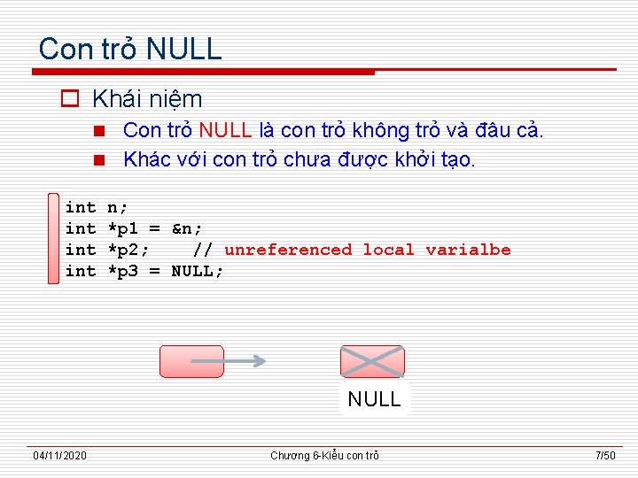 Con trỏ NULL o Khái niệm Con trỏ NULL là con trỏ không trỏ