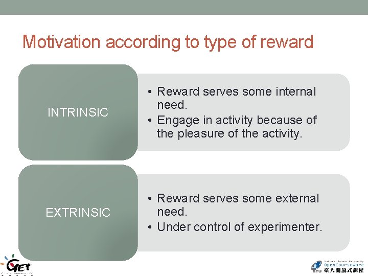 Motivation according to type of reward INTRINSIC • Reward serves some internal need. •