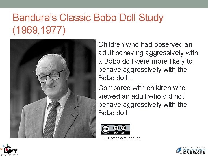 Bandura’s Classic Bobo Doll Study (1969, 1977) • Children who had observed an adult