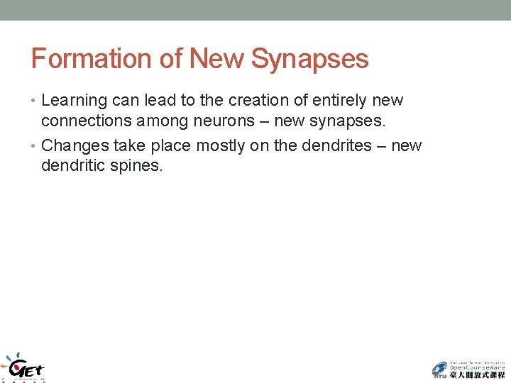 Formation of New Synapses • Learning can lead to the creation of entirely new