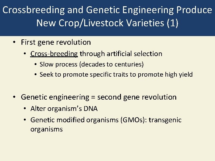 Crossbreeding and Genetic Engineering Produce New Crop/Livestock Varieties (1) • First gene revolution •