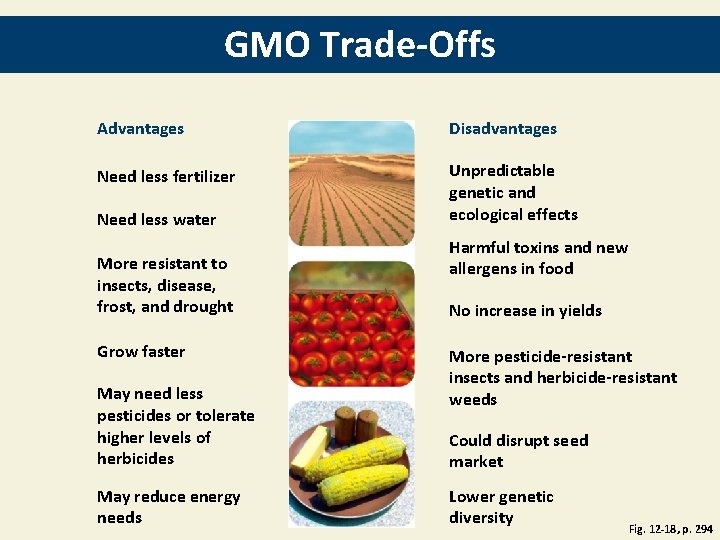 GMO Trade-Offs Advantages Disadvantages Need less fertilizer Unpredictable genetic and ecological effects Need less