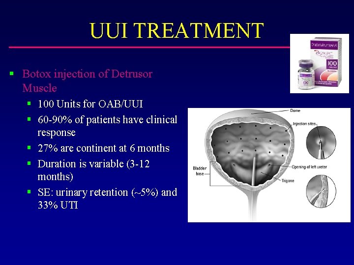 UUI TREATMENT § Botox injection of Detrusor Muscle § 100 Units for OAB/UUI §
