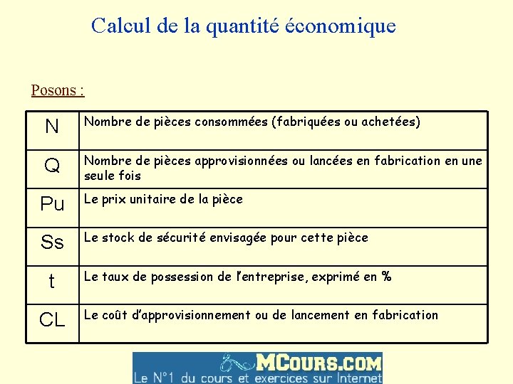  Calcul de la quantité économique Posons : N Nombre de pièces consommées (fabriquées