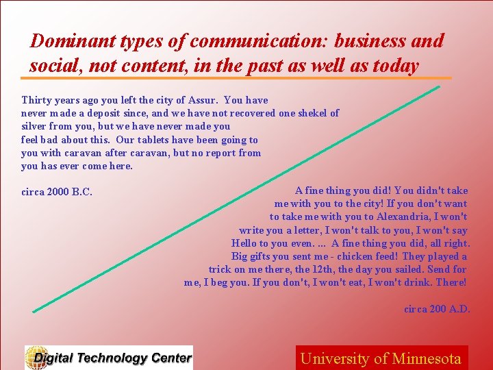 Dominant types of communication: business and social, not content, in the past as well