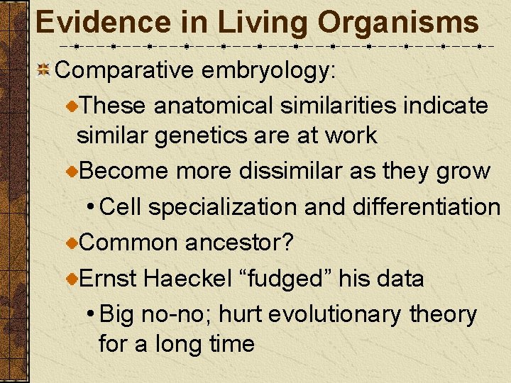 Evidence in Living Organisms Comparative embryology: These anatomical similarities indicate similar genetics are at