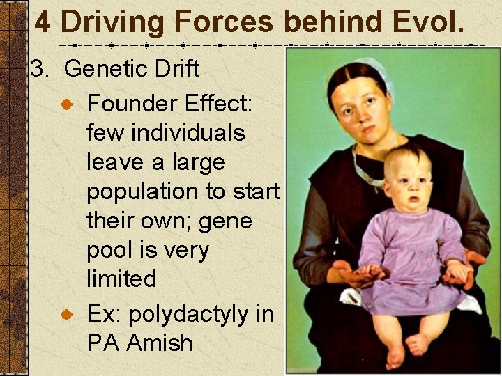 4 Driving Forces behind Evol. 3. Genetic Drift Founder Effect: few individuals leave a