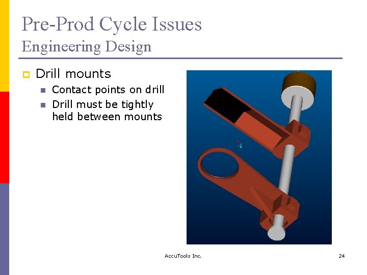 Pre-Prod Cycle Issues Engineering Design p Drill mounts n n Contact points on drill