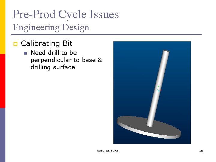 Pre-Prod Cycle Issues Engineering Design p Calibrating Bit n Need drill to be perpendicular