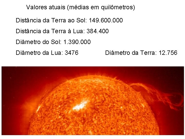 Valores atuais (médias em quilômetros) Distância da Terra ao Sol: 149. 600. 000 Distância