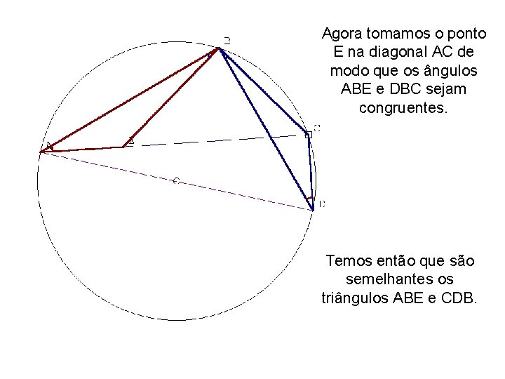 Agora tomamos o ponto E na diagonal AC de modo que os ângulos ABE