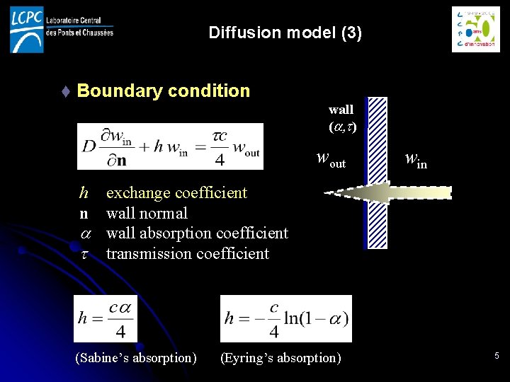Diffusion model (3) t Boundary condition wall (a, ) wout win h n exchange